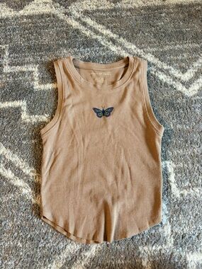 American Eagle Outfitters Tan Ribbed Tank Top with Butterfly detail
